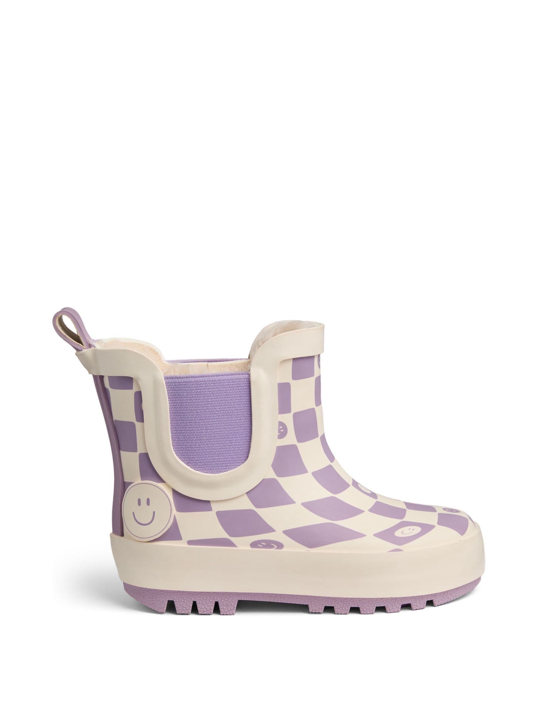 KIDLY by MORI Purple Warm Waterproof Fur-Lined Ankle Wellie Boots Check image 4