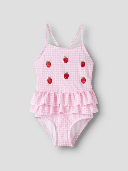 Name It Strawberry Pink Cross Strap Gingham Frill Waist Swimsuit image 1