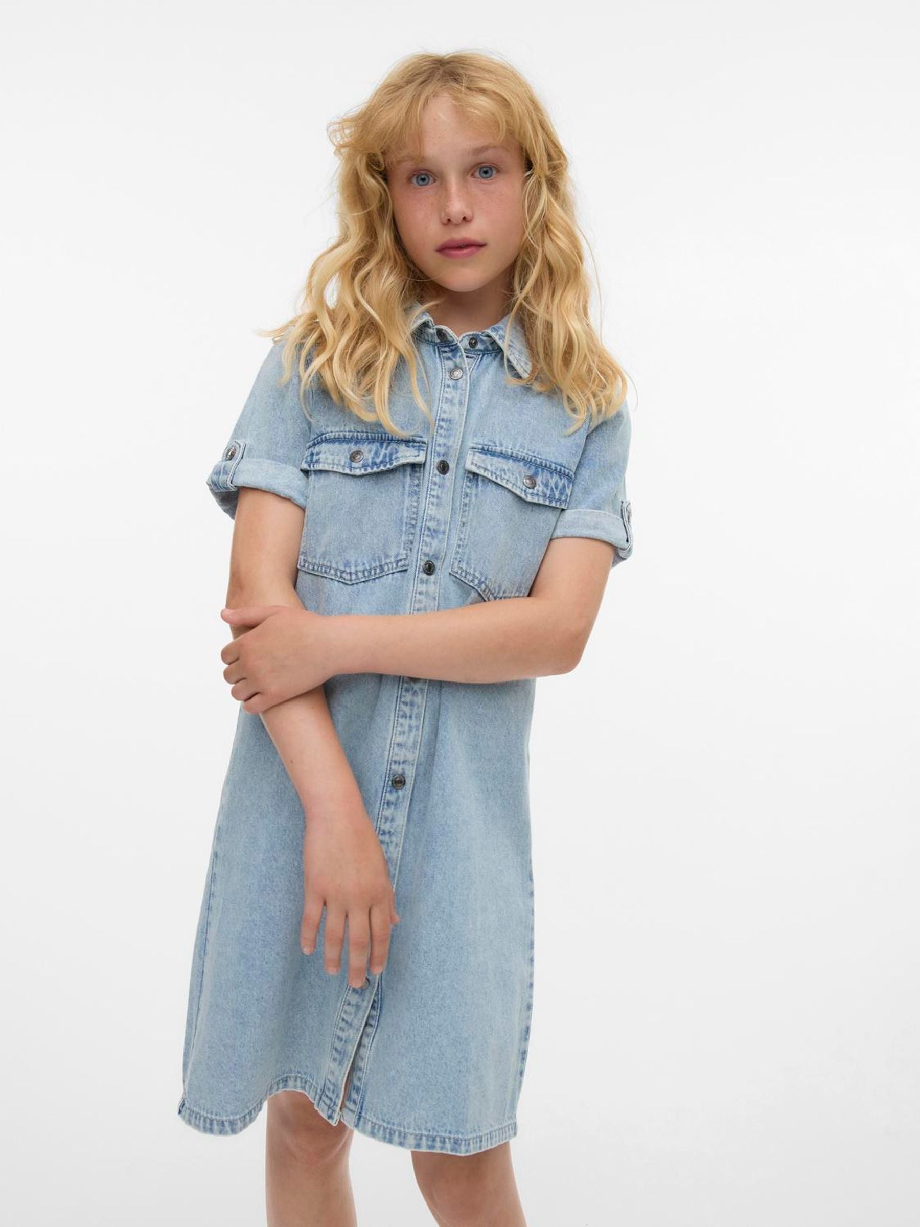 VERO MODA Blue Girl Short Sleeve Button Down Denim Dress image 1