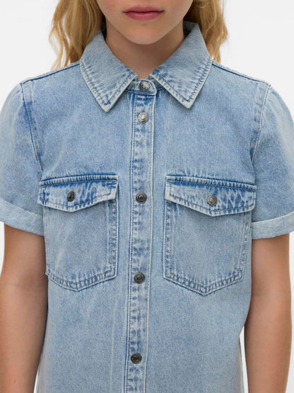 VERO MODA Blue Girl Short Sleeve Button Down Denim Dress image 4