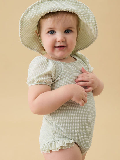 MORI Green Seersucker Short Puff Sleeve Swimsuit image 1