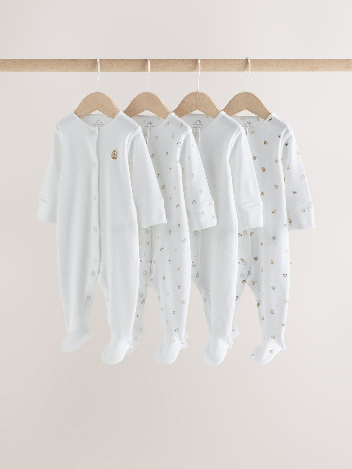 White Mini Safari Animals 4 Pack Baby Sleepsuits (0-2yrs) - image 1