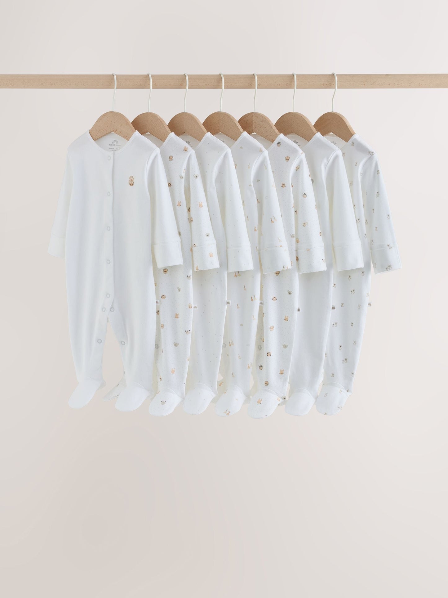 Dsiney Kidz - White Mini Safari Animals 7 Pack Baby Sleepsuits (0-2yrs) image 1