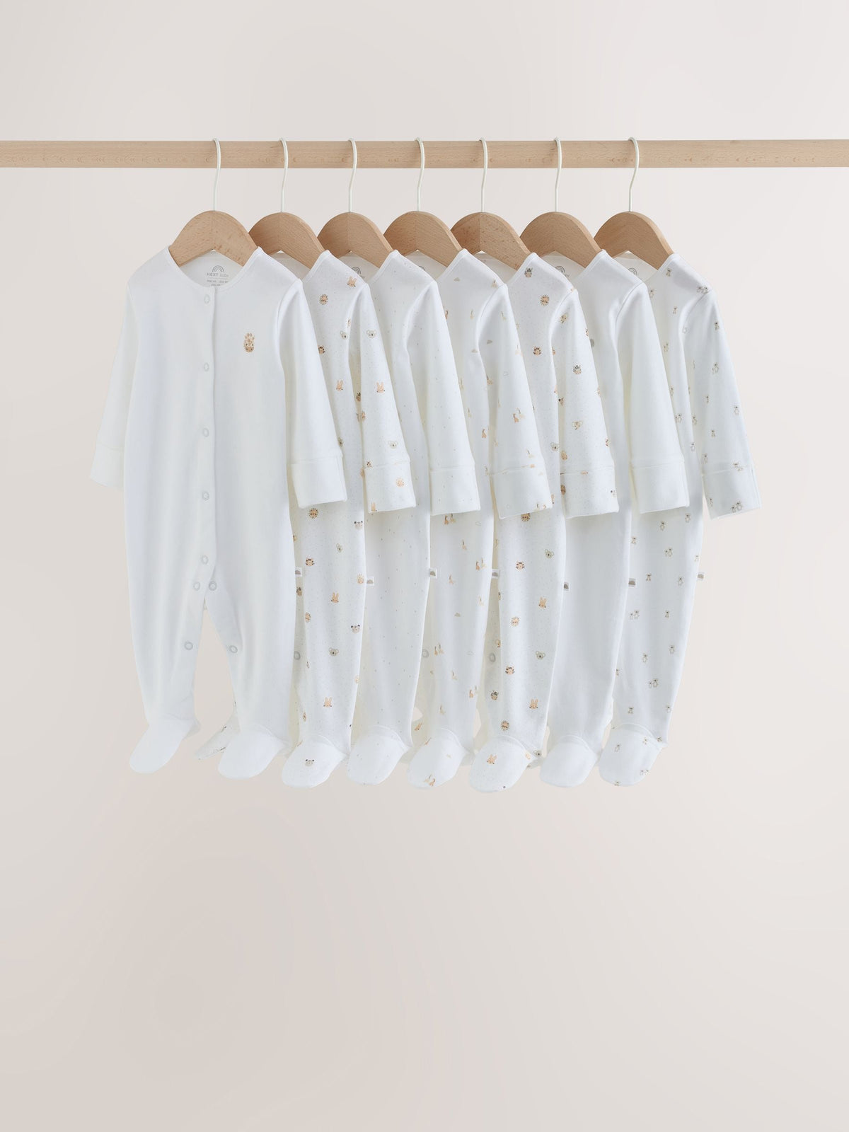 Dsiney Kidz - White Mini Safari Animals 7 Pack Baby Sleepsuits (0-2yrs) image 1