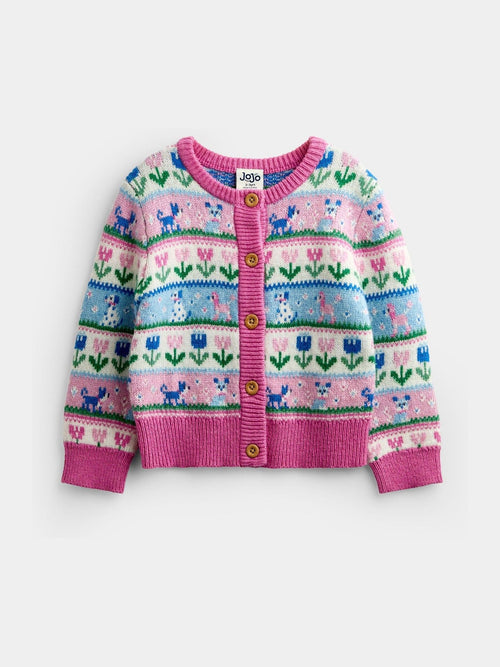 Dsiney Kidz - Jojo Maman Bébé Pink Cats & Dogs Fairisle Cardigan image 1