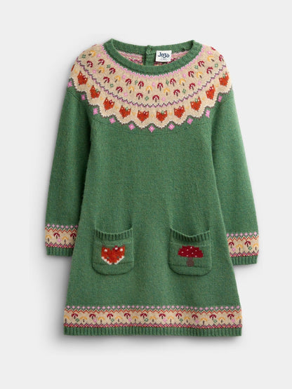 Dsiney Kidz - JoJo Maman Bébé Green Fox & Toadstool Fairisle Knitted Dress image 1