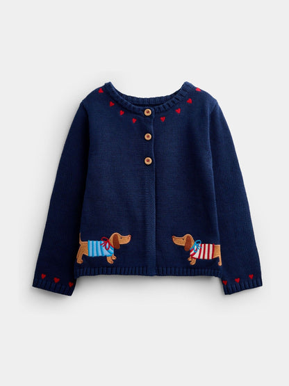 Dsiney Kidz - Jojo Maman Bébé Navy Blue Sausage Dog Appliqué Cotton Cardigan image 3