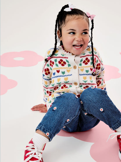 Dsiney Kidz - Jojo Maman Bébé Cream Floral & Hearts Fairisle Oversized Cardigan image 1