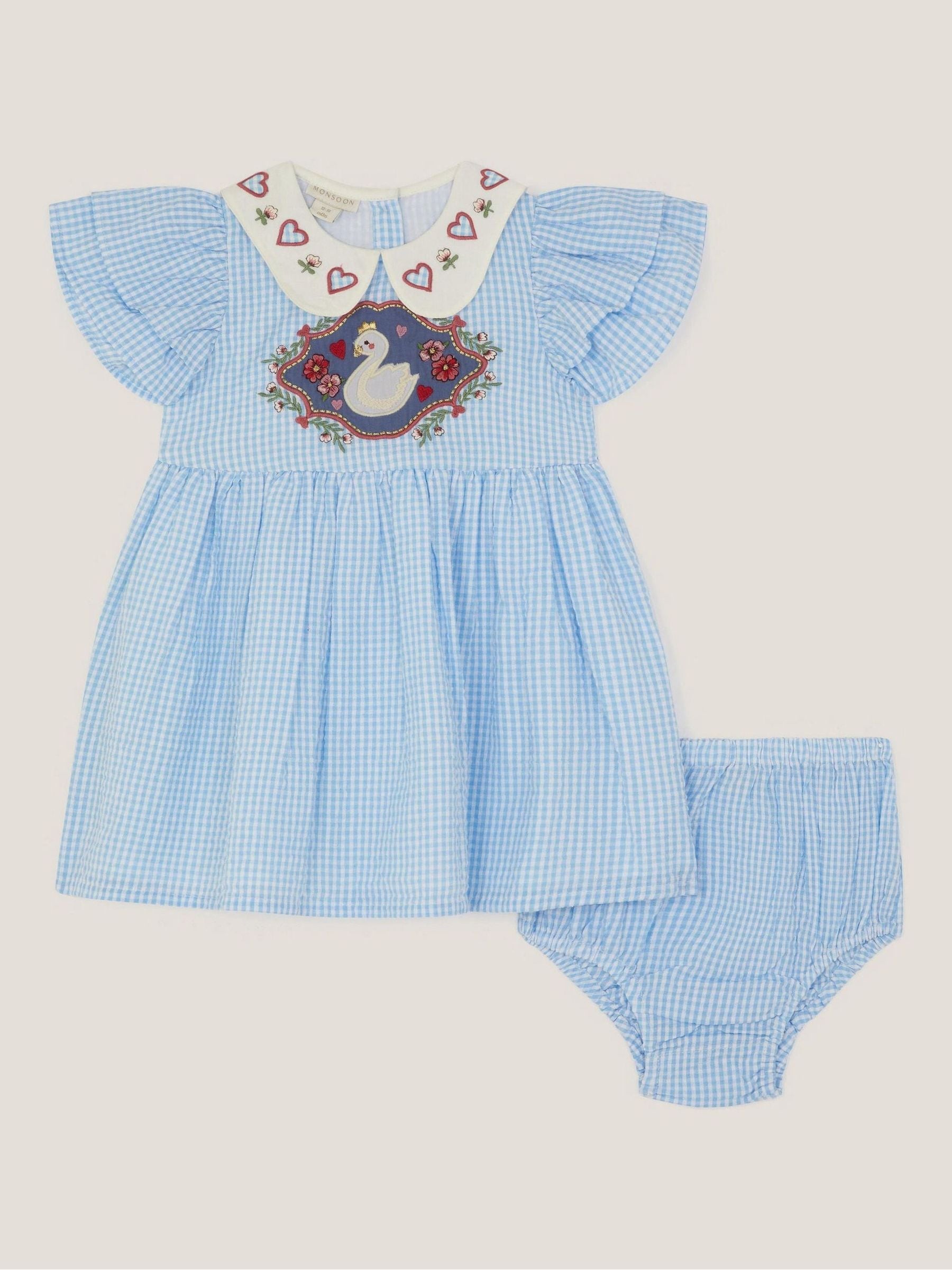 Monsoon Blue Baby Swan Embroidered Dress & Underwear Set image 1