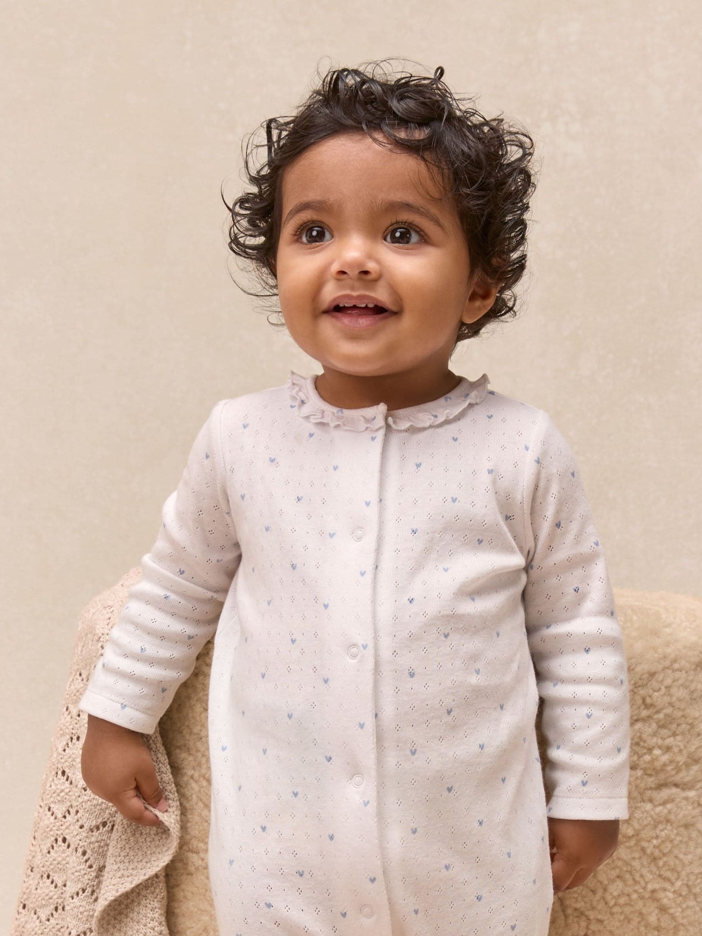 The White Company White Cotton Heart Pointelle Frill Collar Sleepsuit image 3