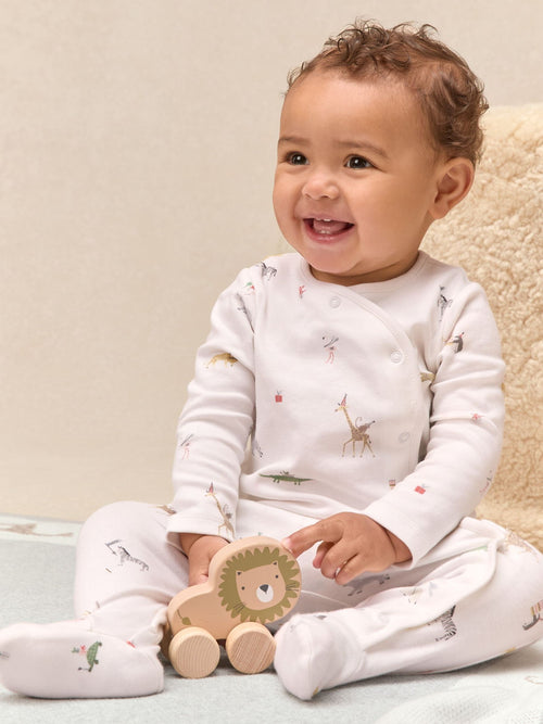 The White Company White Cotton Party Animal Print Wrap Sleepsuit image 1