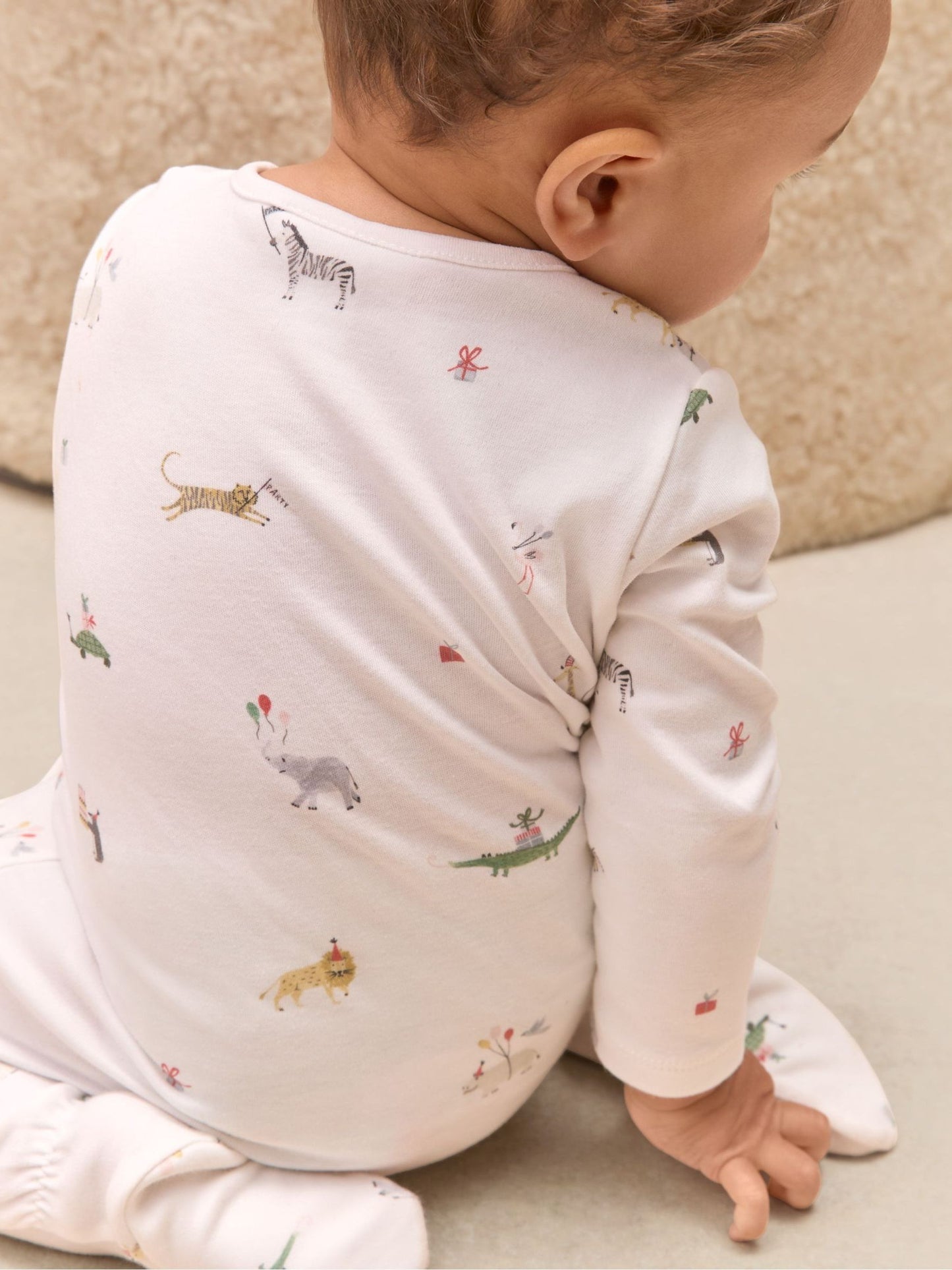 The White Company White Cotton Party Animal Print Wrap Sleepsuit image 3