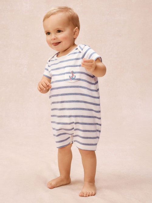 The White Company Blue Cotton Stripe & Anchor Embroidered Rompersuits image 1