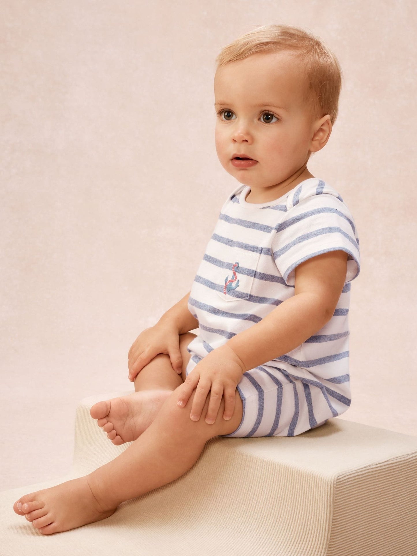 The White Company Blue Cotton Stripe & Anchor Embroidered Rompersuits image 3