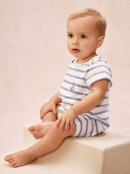 The White Company Blue Cotton Stripe & Anchor Embroidered Rompersuits image 3