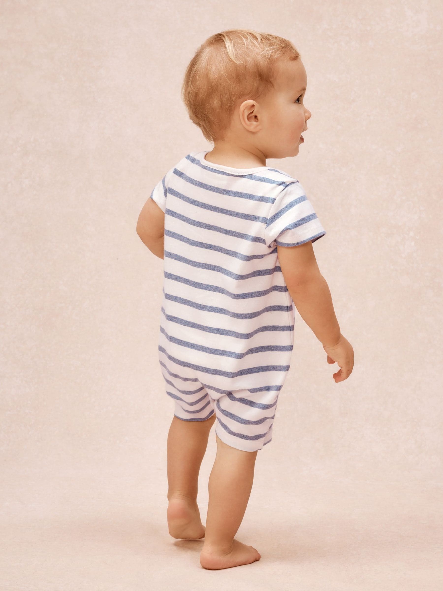The White Company Blue Cotton Stripe & Anchor Embroidered Rompersuits image 4