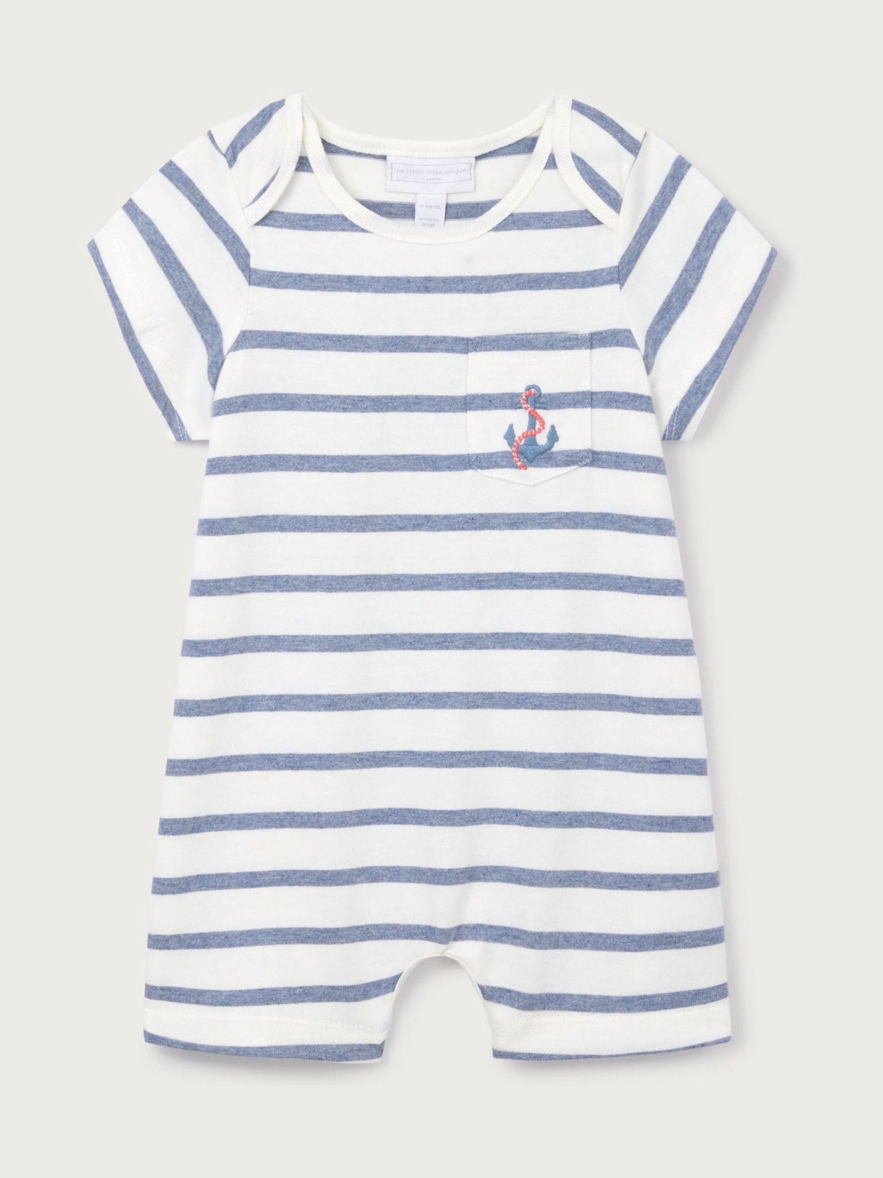 The White Company Blue Cotton Stripe & Anchor Embroidered Rompersuits image 5
