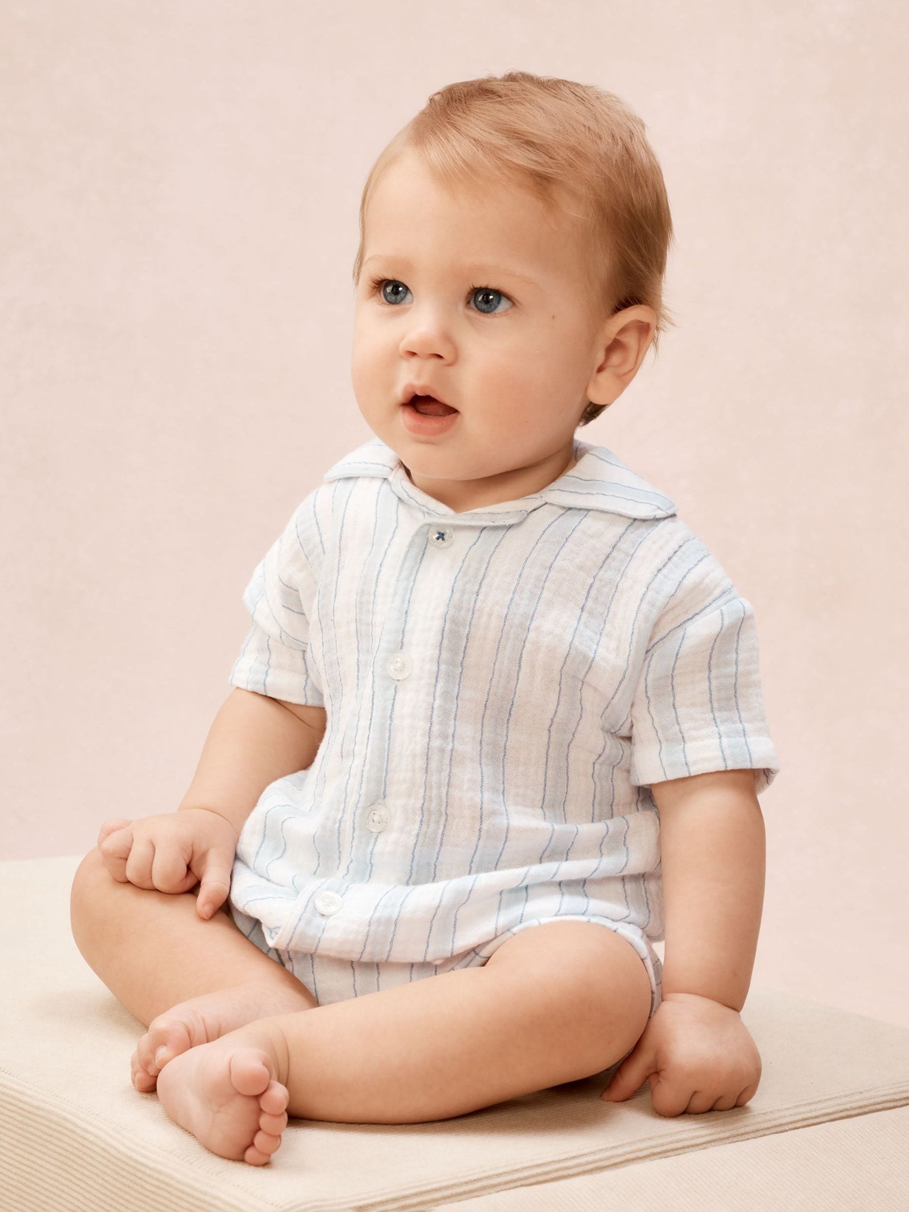 The White Company Blue Double Cotton Watercolour Stripe Classic Rompersuits image 2