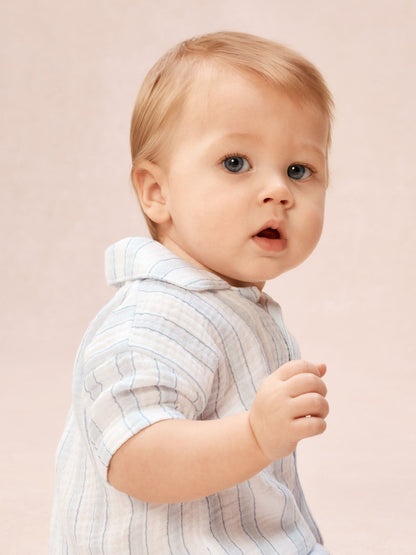The White Company Blue Double Cotton Watercolour Stripe Classic Rompersuits image 3