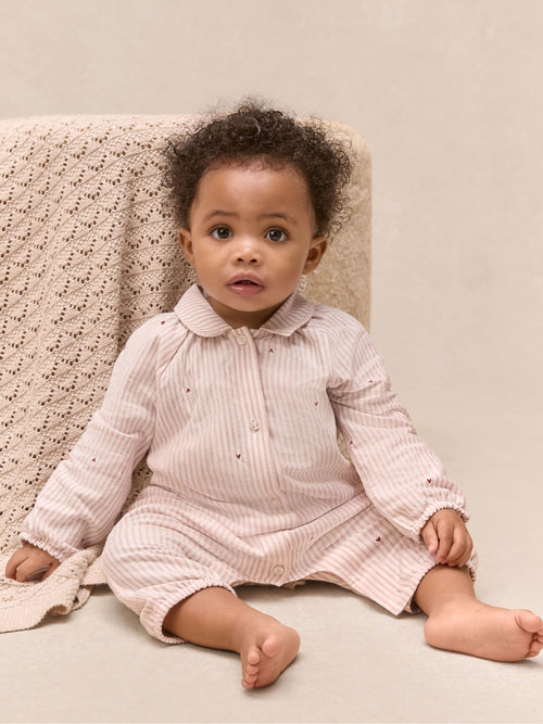 The White Company Pink Cotton Blend Fine Stripe & Heart Classic Sleepsuit image 1