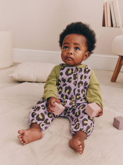 Purple/Green Leopard Print Long Sleeve Bodysuit And Woven Dungarees Set 2 Piece (0mths-2yrs) - image 1