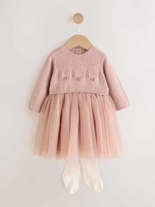 Pink Twofer Knit & Mesh Baby Dress & Tights Set 2 Piece (0mths-2yrs) - image 1