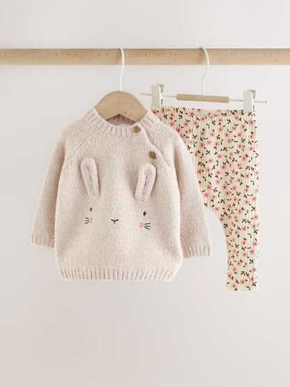 Ecru Bunny Knitted Jumper and Floral Leggings Baby Set 2 Piece (0mths-2yrs) - image 1