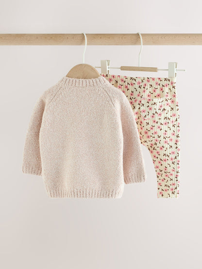 Ecru Bunny Knitted Jumper and Floral Leggings Baby Set 2 Piece (0mths-2yrs) - image 2