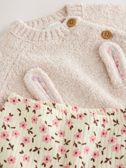 Ecru Bunny Knitted Jumper and Floral Leggings Baby Set 2 Piece (0mths-2yrs) - image 3