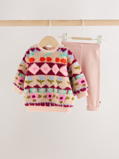 Pink Fairsle Printed Baby Fleece Sweater and Leggings Set 2 Piece (0mths-2yrs) - image 4
