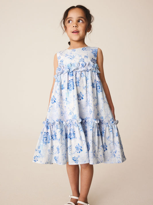 Dsiney Kidz - Blue and White Floral Tiered Smock Dress (3-16yrs) image 2