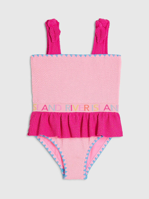 Dsiney Kidz - River Island Pink Logo Textured Frill Swimsuit image 1