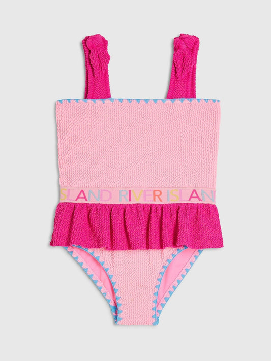 River Island Pink Logo Textured Frill Swimsuit image 1