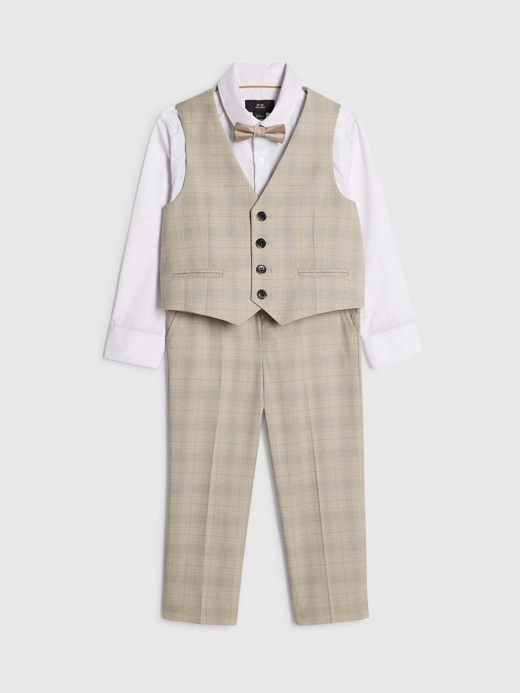 River Island Brown 4 Piece Tailored Waistcoat Shirt Bow Tie & Suit Trouser Set image 5