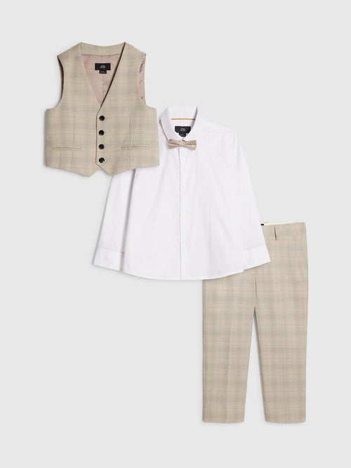 River Island Brown 4 Piece Tailored Waistcoat Shirt Bow Tie & Suit Trouser Set image 1