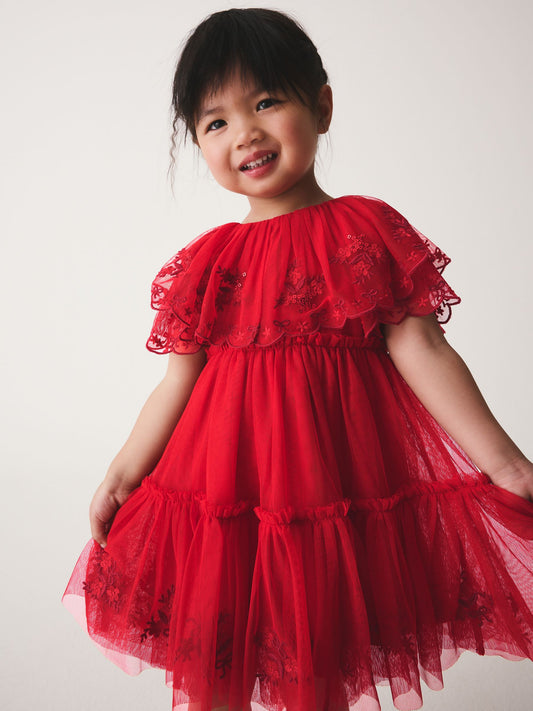 Dsiney Kidz - Bright Red Embroidered Mesh Cape Occasion Dress (3mths-8yrs) image 1