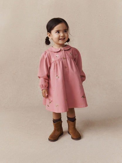 Dusky Pink Embroidered Long Sleeve Twill Dress (3mths-8yrs) - image 1