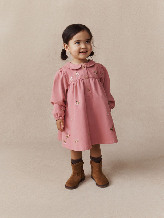 Dusky Pink Embroidered Long Sleeve Twill Dress (3mths-8yrs) - image 1