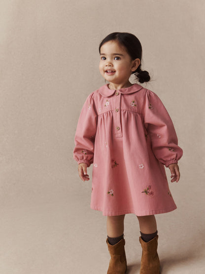 Dusky Pink Embroidered Long Sleeve Twill Dress (3mths-8yrs) - image 2