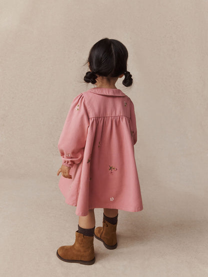 Dusky Pink Embroidered Long Sleeve Twill Dress (3mths-8yrs) - image 4