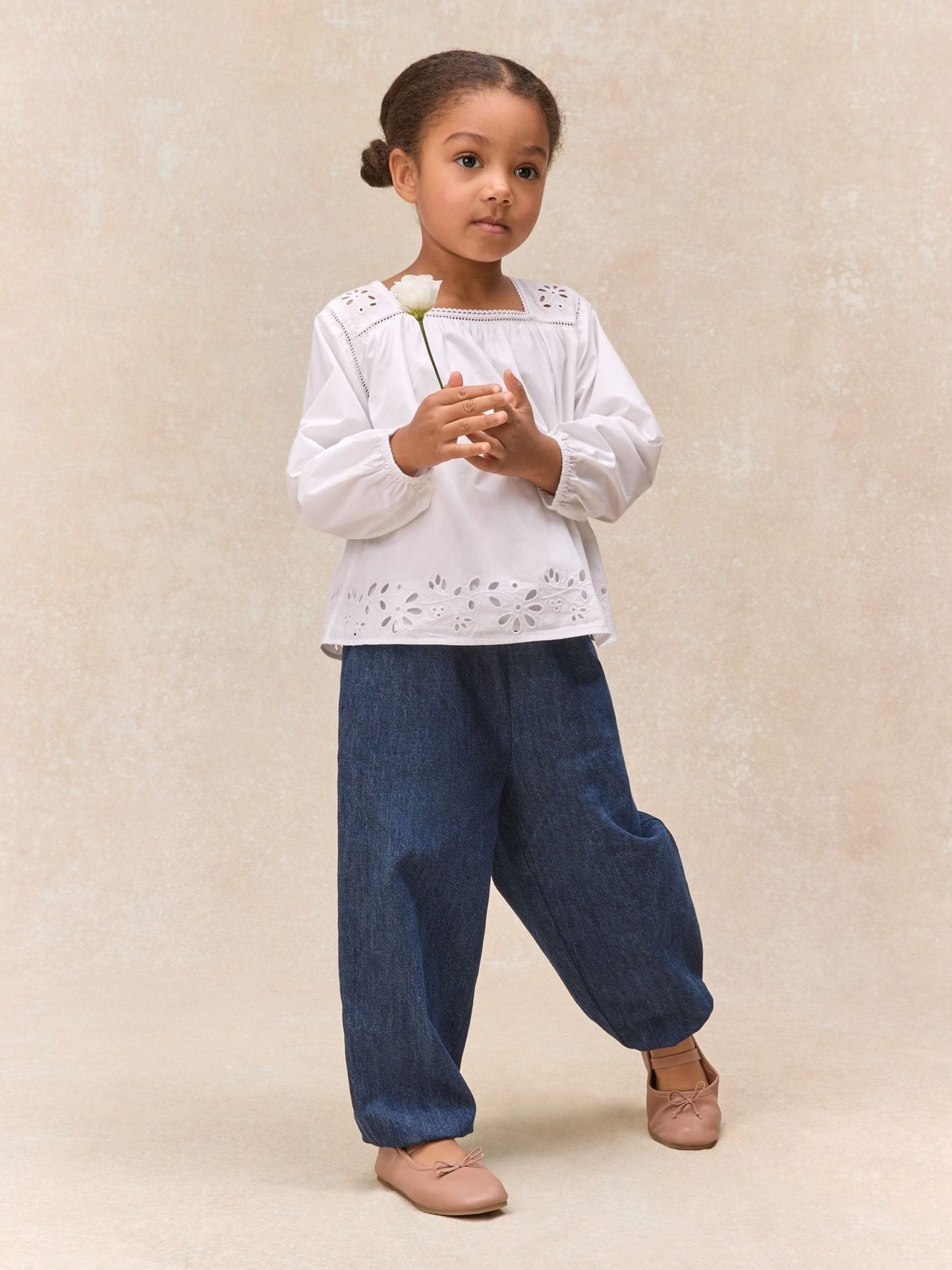 The White Company White Cotton Embroidered Blouse & Trousers Set image 1
