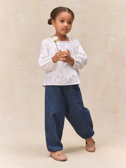 The White Company White Cotton Embroidered Blouse & Trousers Set image 1