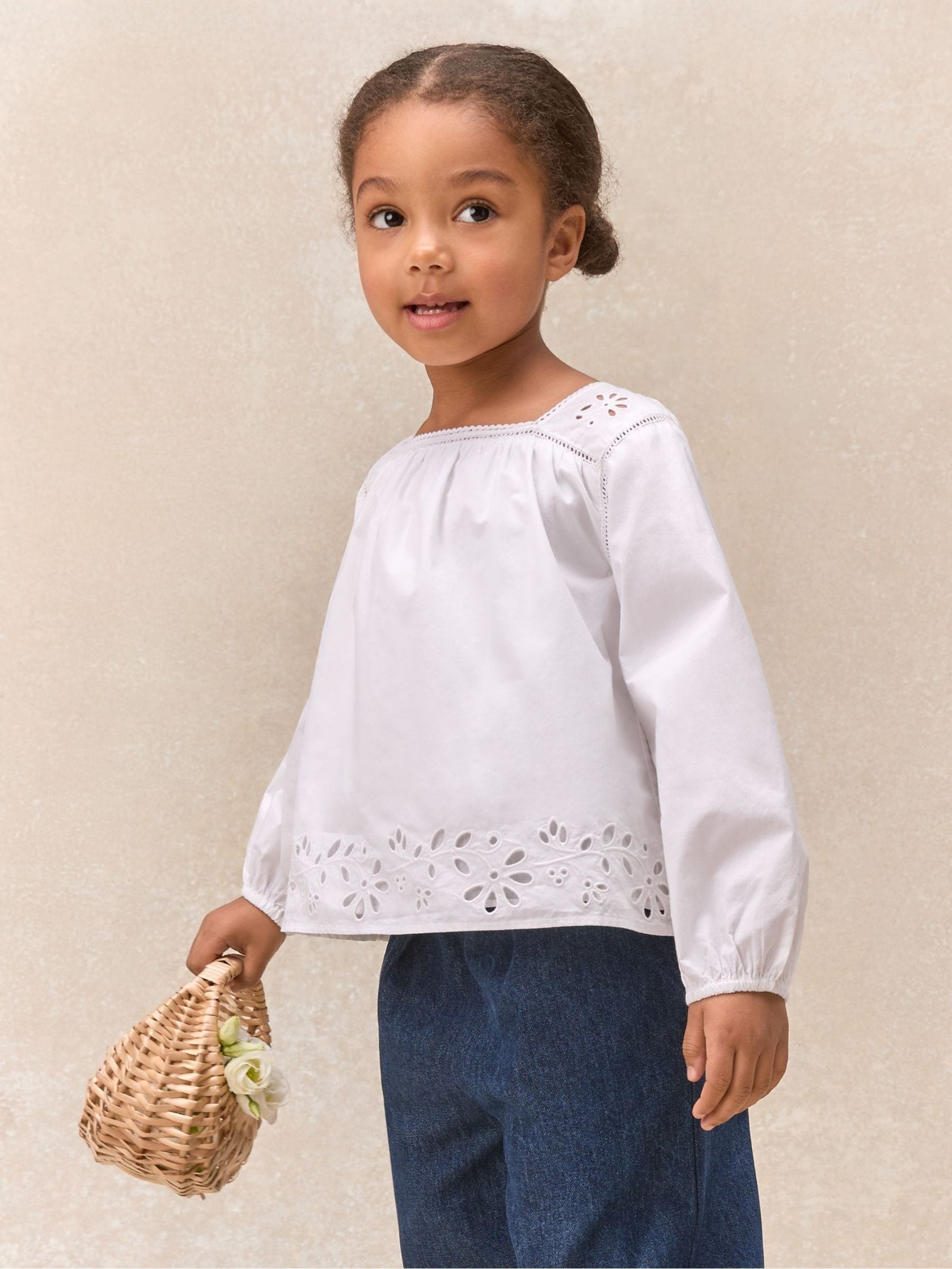 The White Company White Cotton Embroidered Blouse & Trousers Set image 3