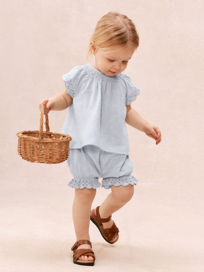 The White Company Blue Baby  Cotton Broderie Frill Blouse & Bloomer Set image 1