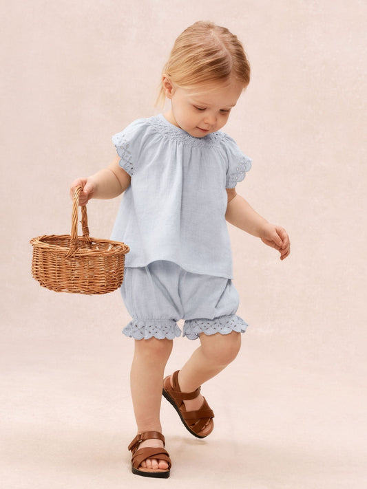The White Company Blue Baby  Cotton Broderie Frill Blouse & Bloomer Set image 1