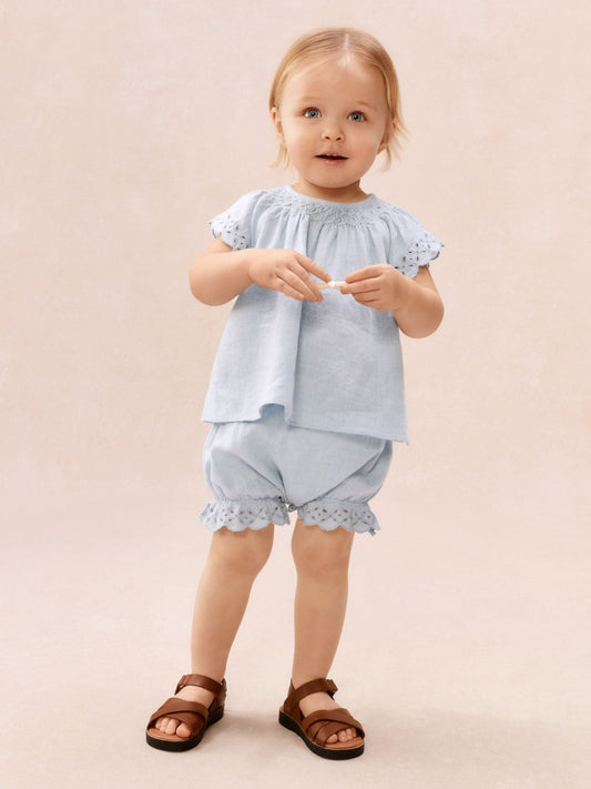 The White Company Blue Baby  Cotton Broderie Frill Blouse & Bloomer Set image 2