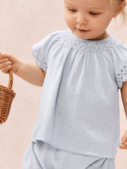 The White Company Blue Baby  Cotton Broderie Frill Blouse & Bloomer Set image 3