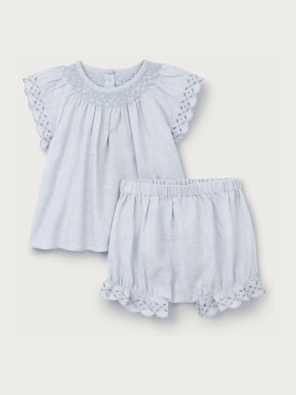 The White Company Blue Baby  Cotton Broderie Frill Blouse & Bloomer Set image 5