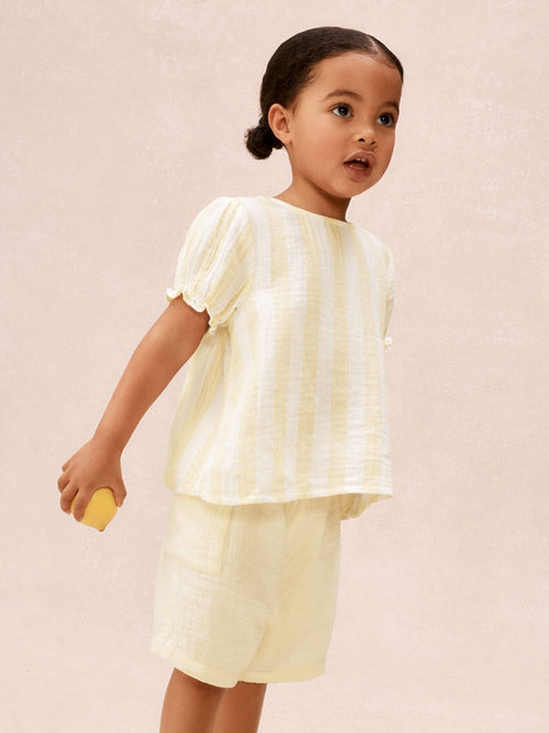 The White Company Yellow Crinkle Cotton Stripe Top & Shorts Set image 1