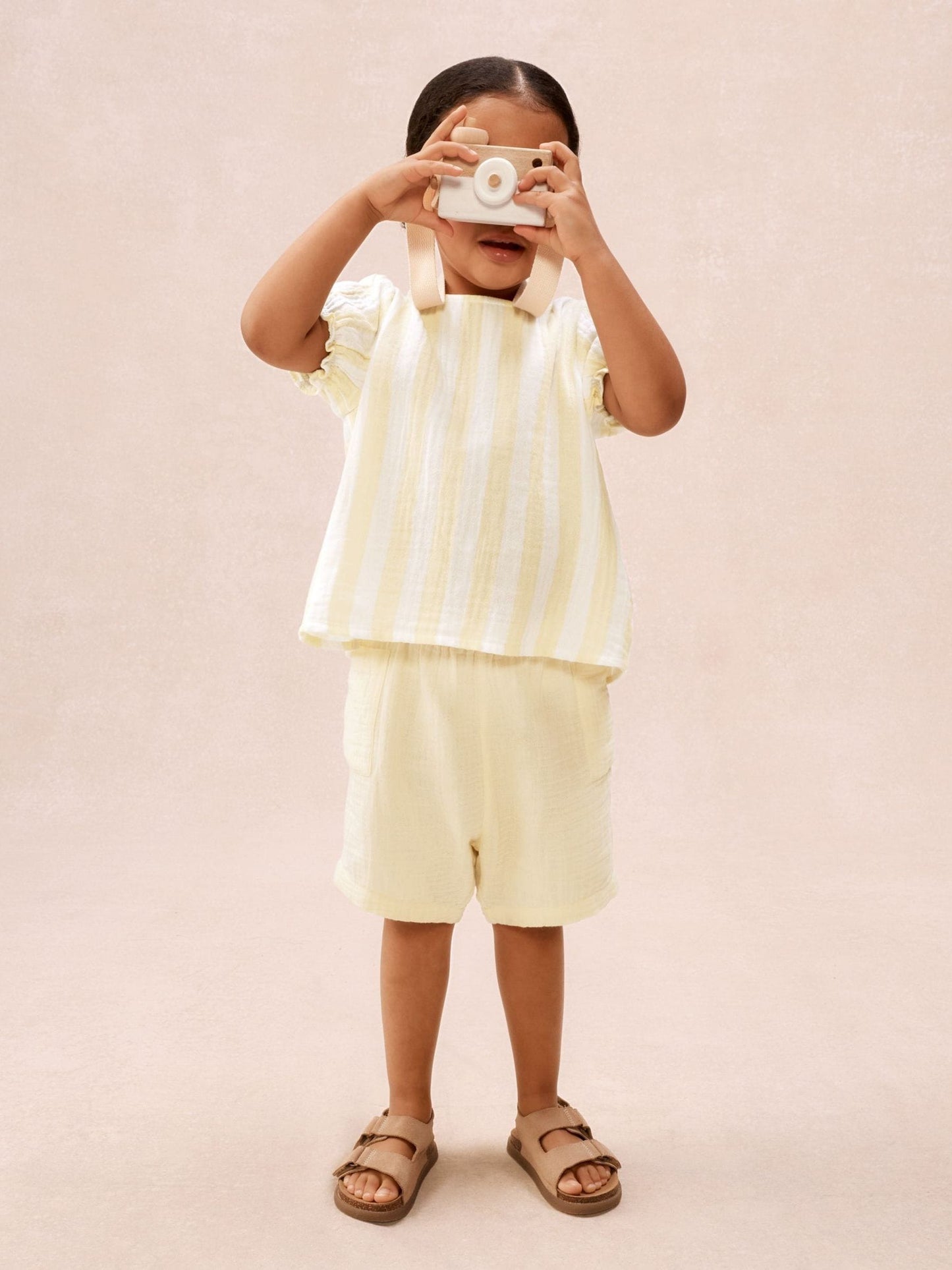 The White Company Yellow Crinkle Cotton Stripe Top & Shorts Set image 2